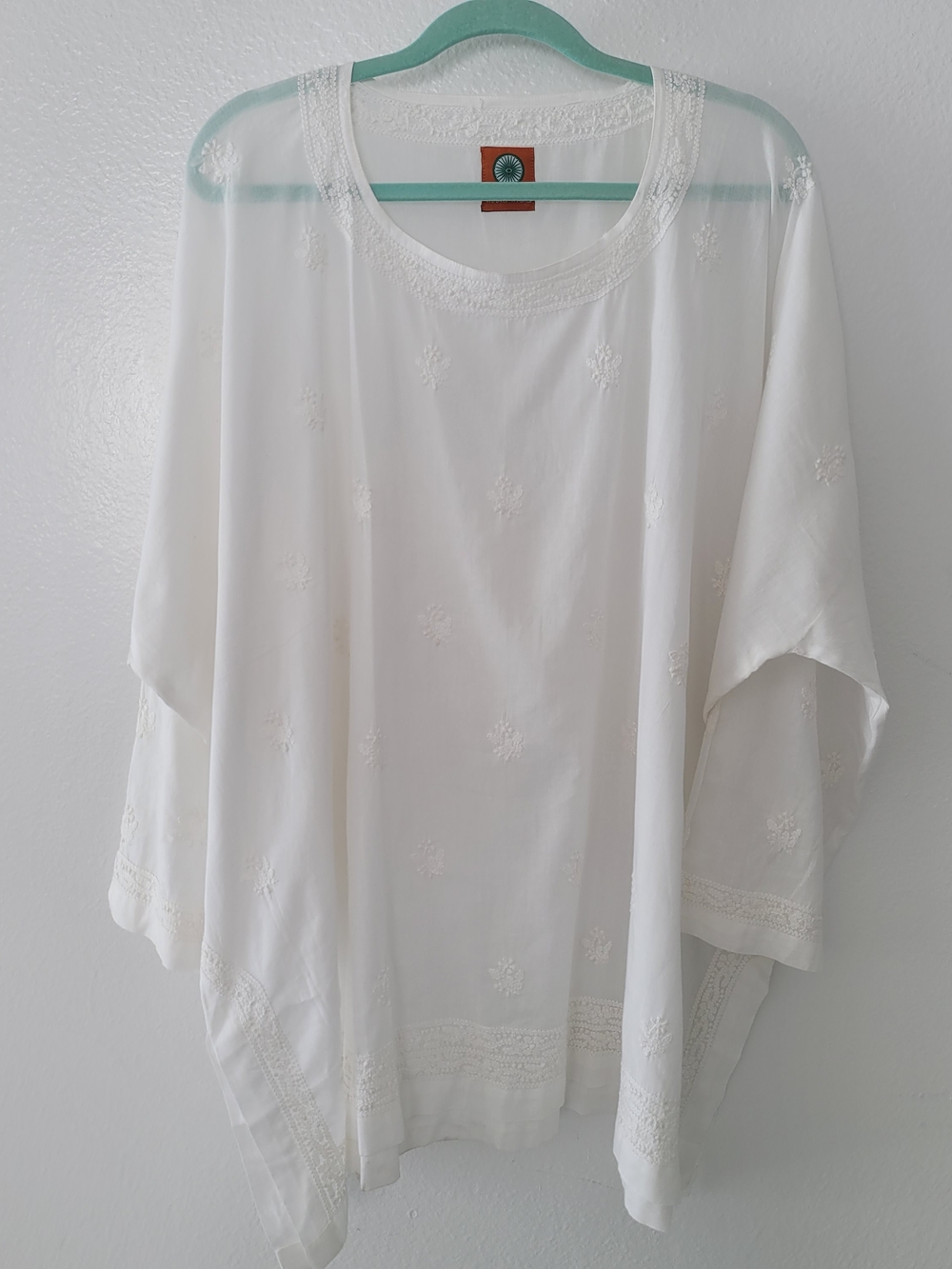 White Embroidered Lightweight Women's Tunic Top One Size Cotton 100%